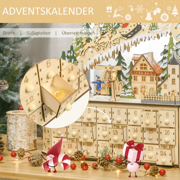 Adventskalender med 24 Lådor, Juldekor med LED Naturträ 45x13x43 cm