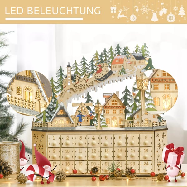 Adventskalender med 24 Lådor, Juldekor med LED Naturträ 45x13x43 cm