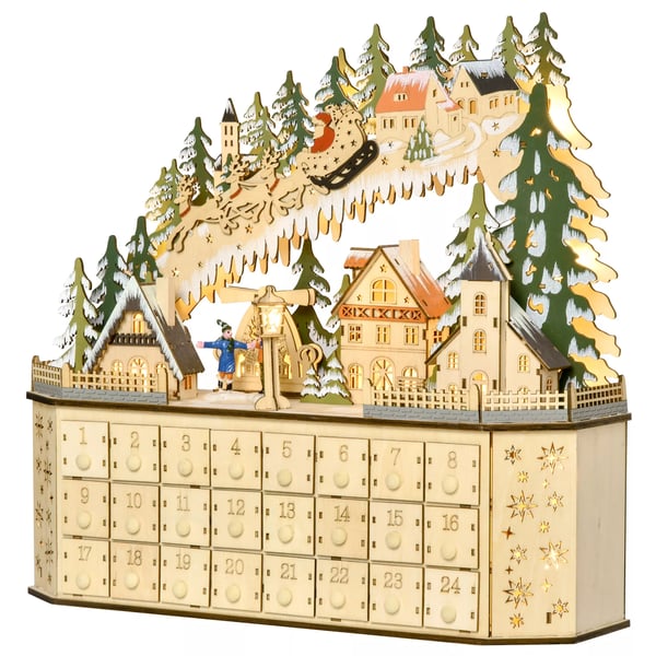 Adventskalender med 24 Lådor, Juldekor med LED Naturträ 45x13x43 cm