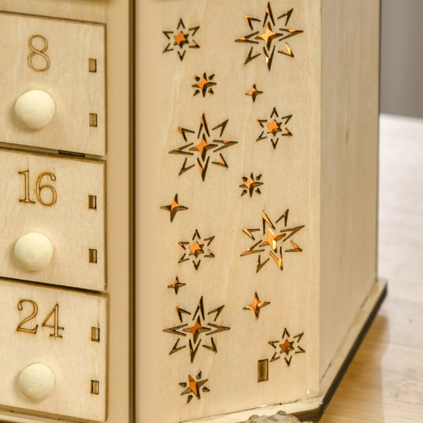 Adventskalender med 24 Lådor, Juldekor med LED Naturträ 45x13x43 cm