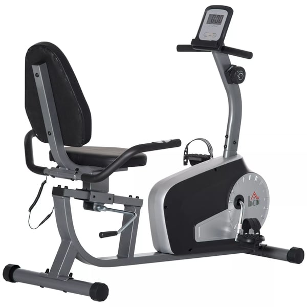 HOMCOM kuntopyörä, makuuasento, LCD-näyttö, 8 vastustasoa, teräs/ABS, harmaa/musta/hopea, max 110kg