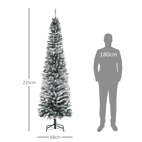 Kunstig Juletræ 225 cm Blyantfyr med Sne, 738 Grene til Indendørs Brug