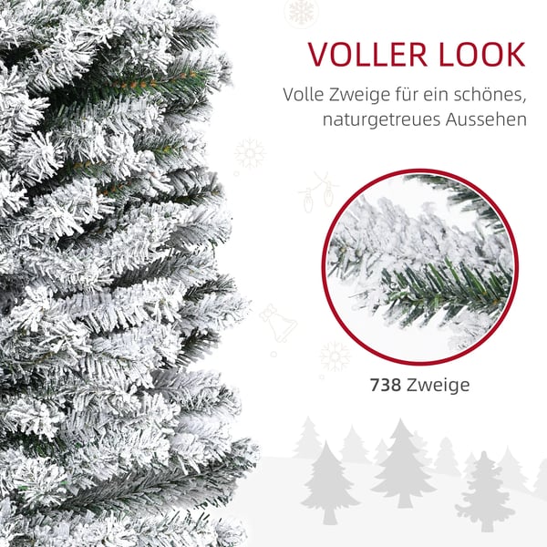 Kunstig Juletræ 225 cm Blyantfyr med Sne, 738 Grene til Indendørs Brug
