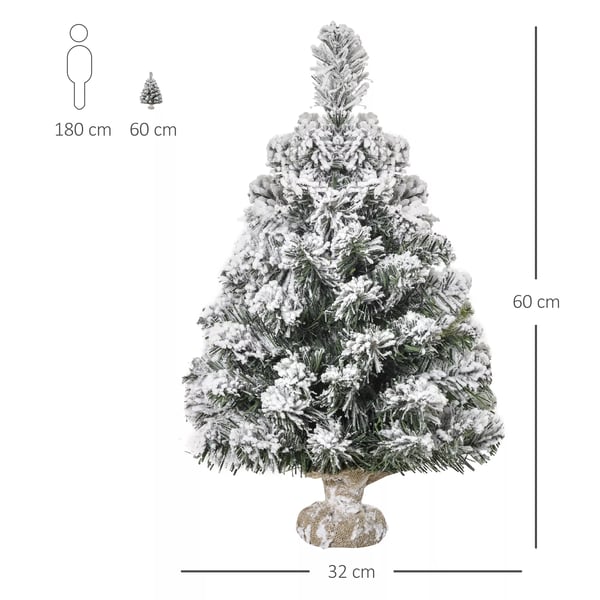 HOMCOM Mini Juletræ 60 cm med Sneeffekt, Kunstig Grantræ med 67 Grene og Cementfod, Grøn+Hvid, Plastik/Polyester