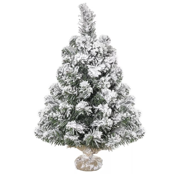 HOMCOM Mini Juletræ 60 cm med Sneeffekt, Kunstig Grantræ med 67 Grene og Cementfod, Grøn+Hvid, Plastik/Polyester