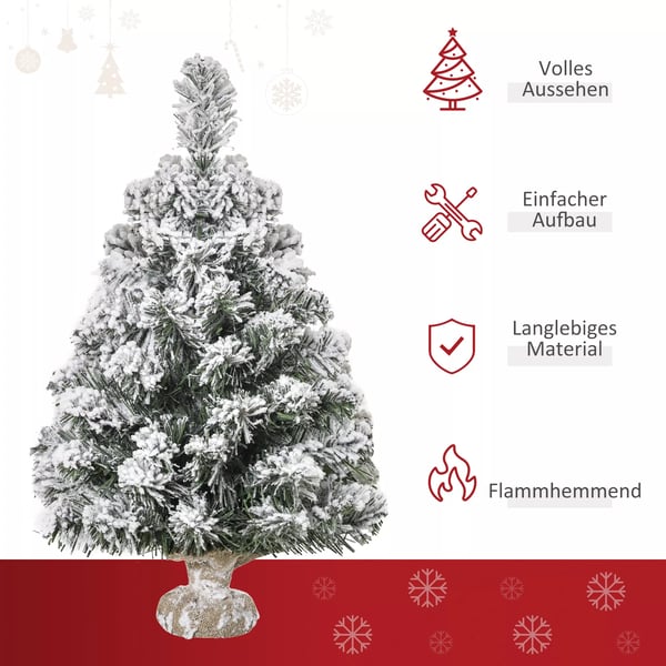 HOMCOM Mini Juletræ 60 cm med Sneeffekt, Kunstig Grantræ med 67 Grene og Cementfod, Grøn+Hvid, Plastik/Polyester