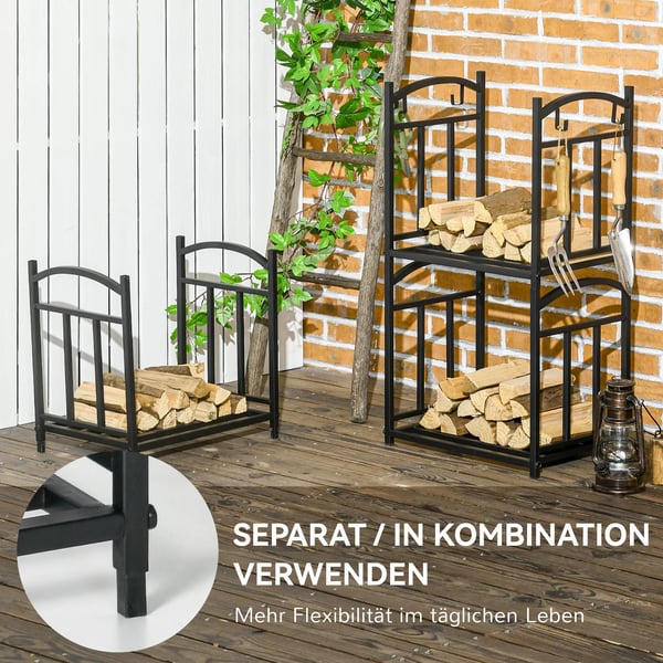 Polttopuuteline sisäkäyttöön 46 x 32 x 126 cm 3 tasoa puuteline 4 koukulla Metalli Musta