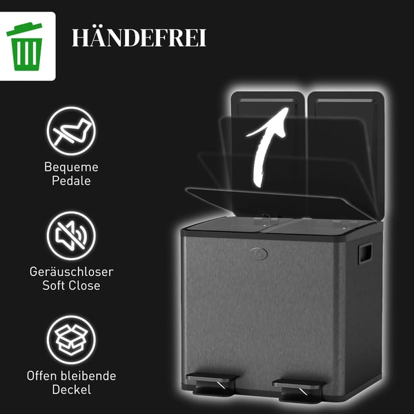 HOMCOM Dobbelt skraldespand 2x15L, med pedal, rustfrit stål/plast, sort