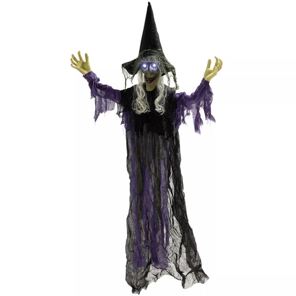 183cm Halloween-koriste Riippuva Halloween-noita LED-valoilla, äänitoiminnolla, säädettävät käsivarret ja suu