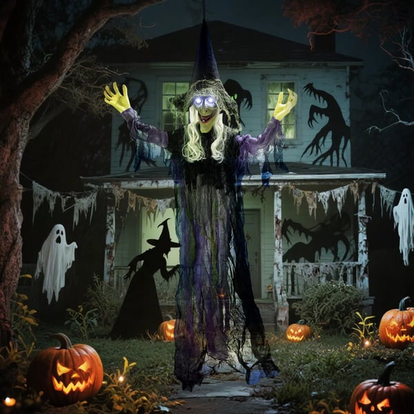 183cm Halloween-koriste Riippuva Halloween-noita LED-valoilla, äänitoiminnolla, säädettävät käsivarret ja suu