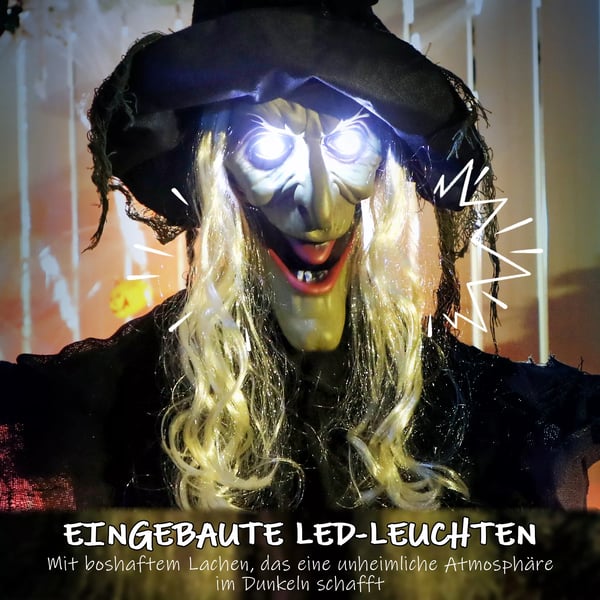183cm Halloween-koriste Riippuva Halloween-noita LED-valoilla, äänitoiminnolla, säädettävät käsivarret ja suu