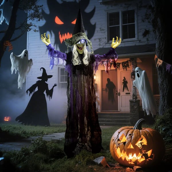 183cm Halloween-koriste Riippuva Halloween-noita LED-valoilla, äänitoiminnolla, säädettävät käsivarret ja suu