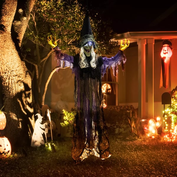 183cm Halloween-koriste Riippuva Halloween-noita LED-valoilla, äänitoiminnolla, säädettävät käsivarret ja suu