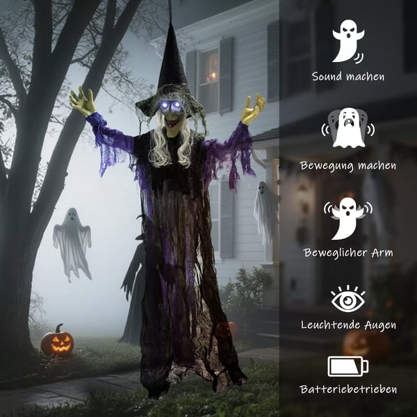 183cm Halloween-koriste Riippuva Halloween-noita LED-valoilla, äänitoiminnolla, säädettävät käsivarret ja suu