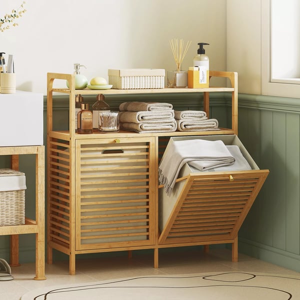 HOMCOM Vasketøjshylde med 2 kurve - Bambus/Polyester, Natur, 82x33x88cm