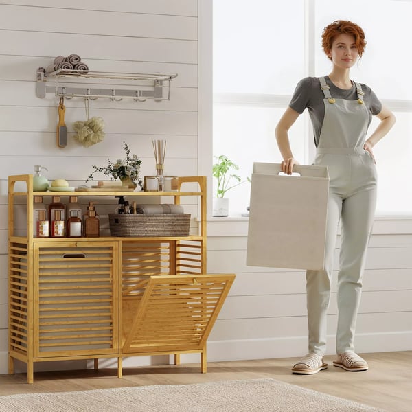 HOMCOM Vasketøjshylde med 2 kurve - Bambus/Polyester, Natur, 82x33x88cm