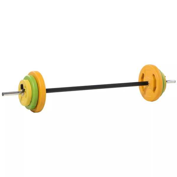 HOMCOM Hantelset 20 kg - Metall, Orange/Grön/Gul - Halkfritt grepp, Viktset med skivstång och låsklämmor för hemmaträning