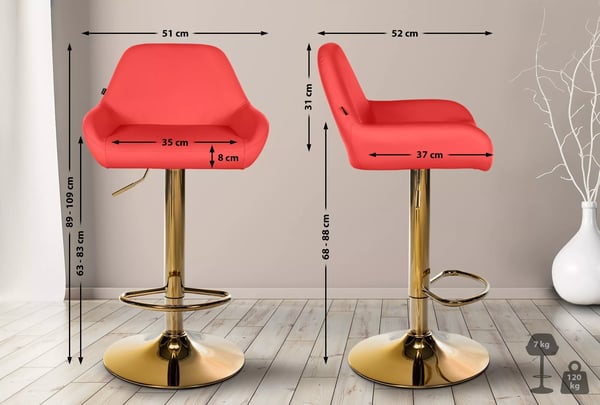 Braga Justerbar Barstol i Konstläder med Svängbar Sits och Guldfärgad Metallram - Röd