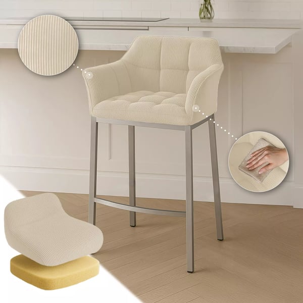 Damaso Barstol | Fløjlsbetræk i Creme | Metal 4-bensstel | Rustfrit Stålhylde | 83 cm Sædehøjde | Maks. Belastning 240 kg