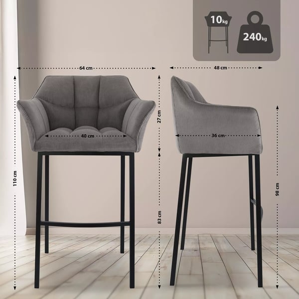 Damaso Cord Barstol med Fire-Benet Metalstel, Taupe, 83 cm Sædehøjde