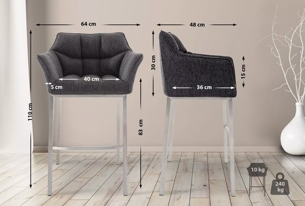 Damaso Titanium Grå Stof Barstol med Metal 4-Bens Ramme