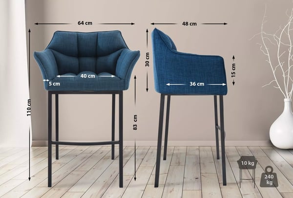 Damaso Blå Stof Barstol med Metal 4-Bens Base
