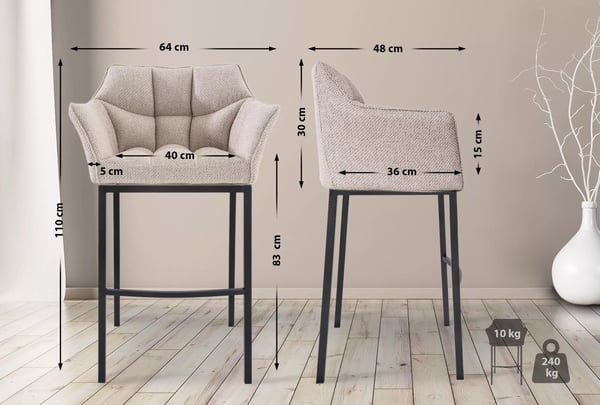 Damaso B Elfenbensfarvet Stof Barstol med Metal 4-Bens Base, Polstret Sæde & Ryglæn, 83 cm Sædehøjde, Gulvbeskyttere