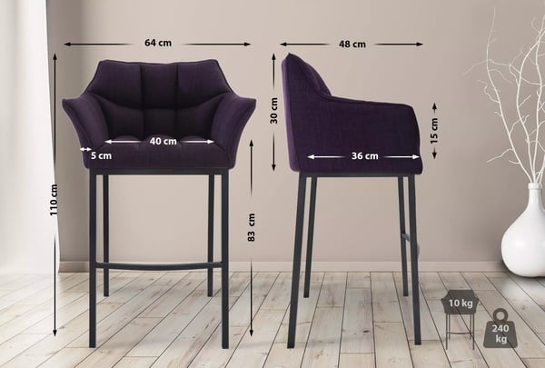 Damaso Lilla Stof Barstol med Metal 4-Bens Base, 83 cm Sædehøjde, 240 kg Bæreevne