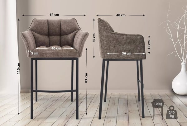 Damaso Terra Brun Stof Barstol med Metal 4-bens Base, 83 cm Sædehøjde, 240 kg Kapacitet