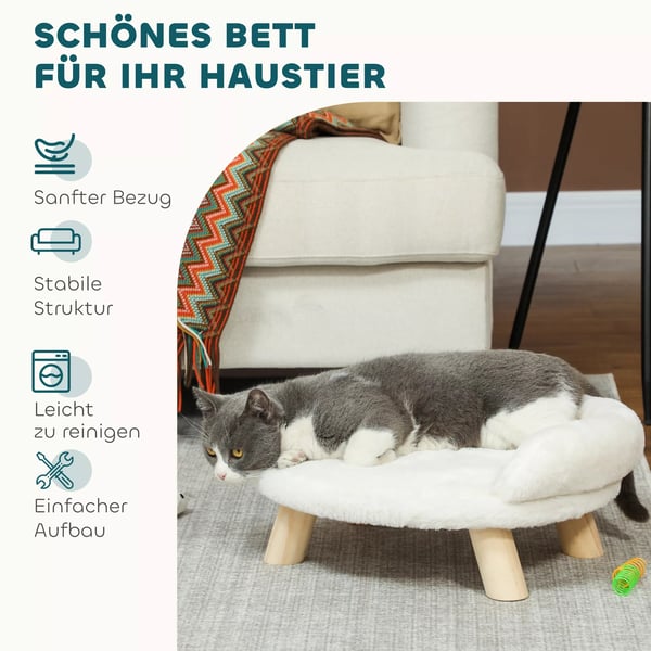 PawHut Hyggebnlig Kledyrsseng - Forhjet design i fyrretr, plysch, skum - Creme, 47x40x20cm
