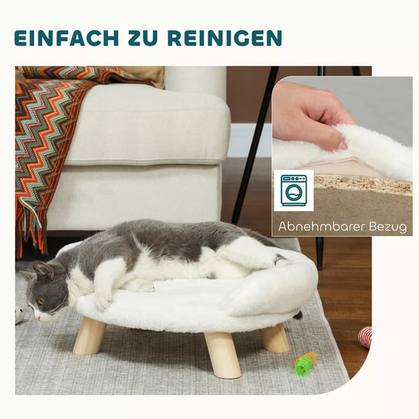 PawHut Hyggebnlig Kledyrsseng - Forhjet design i fyrretr, plysch, skum - Creme, 47x40x20cm
