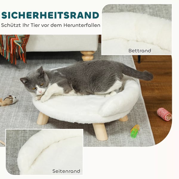 PawHut Hyggebnlig Kledyrsseng - Forhjet design i fyrretr, plysch, skum - Creme, 47x40x20cm