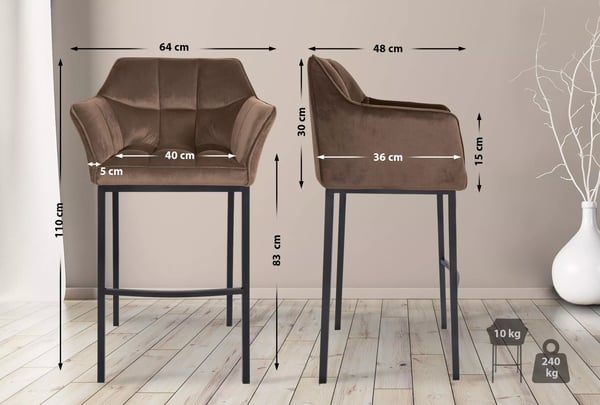 Damaso Brun Fløjl Barstol med Rustfrit Stål 4-Bens Ramme, 83cm Sædehøjde, 240kg Bæreevne