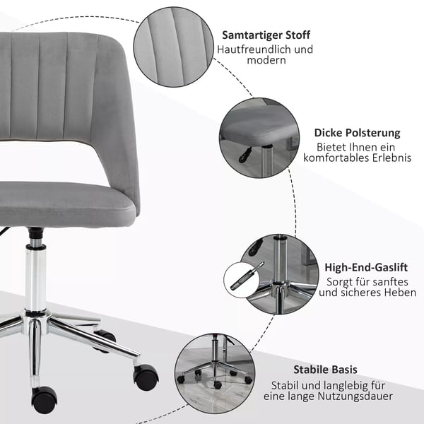 Vinsetto højdejusterbar kontorstol med hjul, 360° drejelig, kammusling-form, skum, 49 x 60 x 79-91 cm, grå