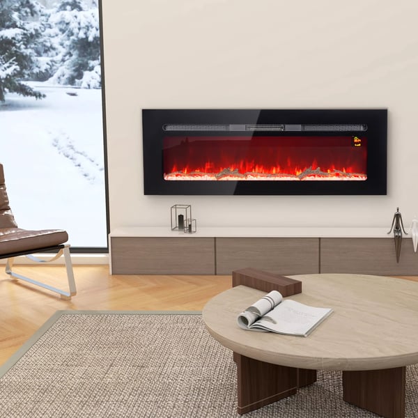 Sähkötakka Seinäkiinnityksellä, Keinotekoista Polttopuuta ja Kristalleja, 1800W, Musta, Karkaistu Lasi