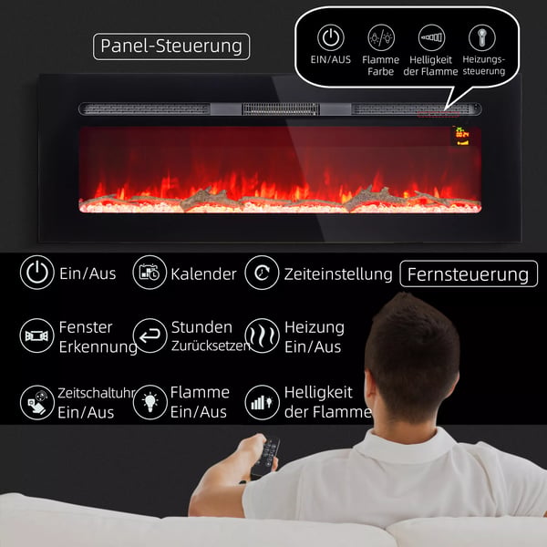 Sähkötakka Seinäkiinnityksellä, Keinotekoista Polttopuuta ja Kristalleja, 1800W, Musta, Karkaistu Lasi