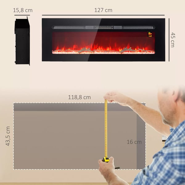 Sähkötakka Seinäkiinnityksellä, Keinotekoista Polttopuuta ja Kristalleja, 1800W, Musta, Karkaistu Lasi