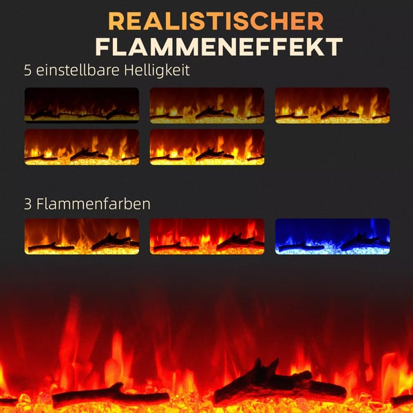 Sähkötakka Seinäkiinnityksellä, Keinotekoista Polttopuuta ja Kristalleja, 1800W, Musta, Karkaistu Lasi