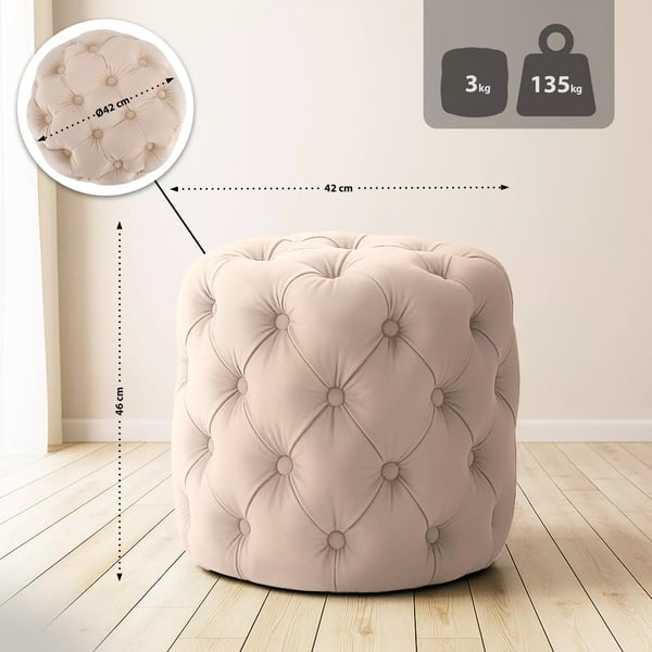 Drancy Cremefarvet Fløjlsskammel med Træramme - Elegant Chesterfield Design, Fodskammel eller Sidebord