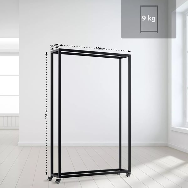 Takkapuuteline Hilta Metallia Musta Pyörillä 25x100x150 cm