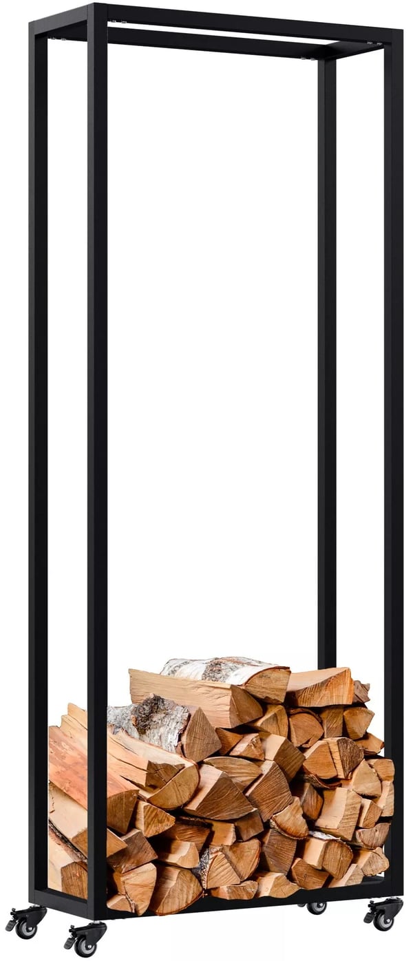 Hilta Modern Vedställ med Hjul - Svart Metall, 25x60x150 cm