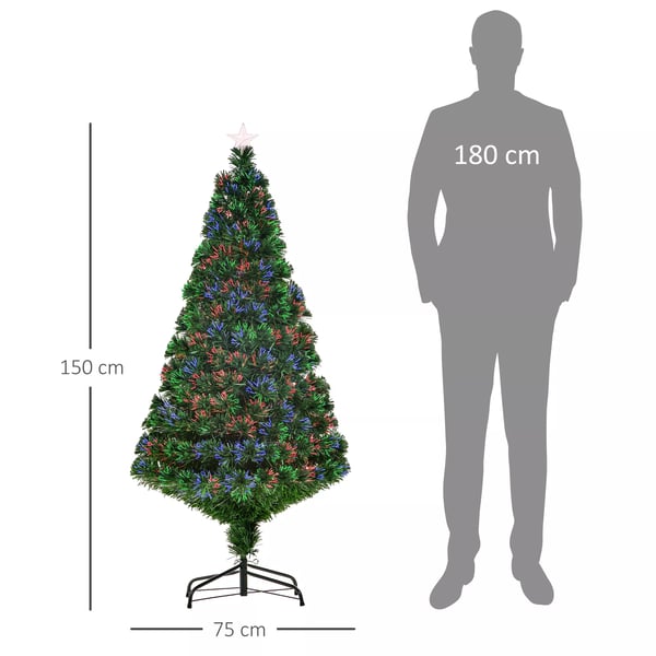HOMCOM Kunstigt juletræ m. LED Lysfiber og Metalfod, Grøn, 150 cm