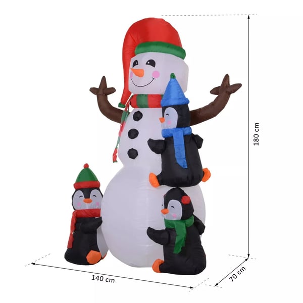 Juleoppustelig snemand med 3 pingviner LED'er Polyester 140 x 70 x 180 cm