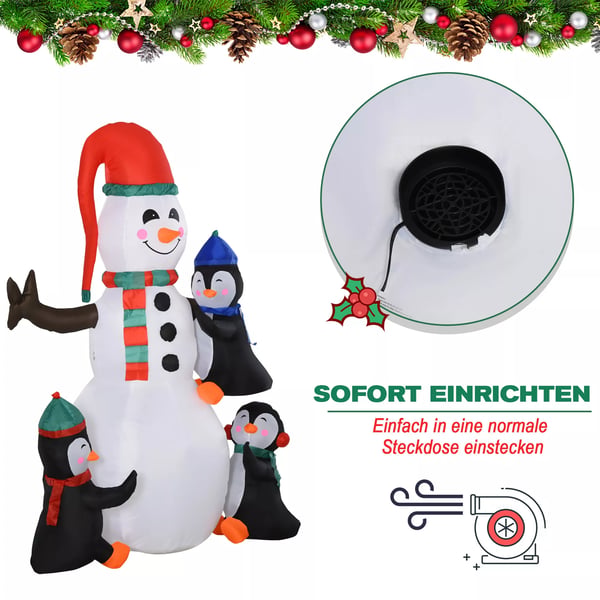 Juleoppustelig snemand med 3 pingviner LED'er Polyester 140 x 70 x 180 cm