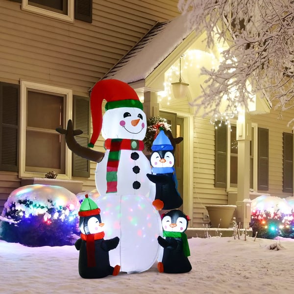 Juleoppustelig snemand med 3 pingviner LED'er Polyester 140 x 70 x 180 cm