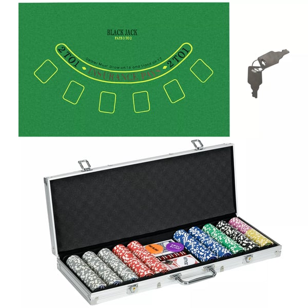 pokerikotelo setti 500 pelimerkkejä 11.5g ammatillinen pokerisarja lukko 2 korttipakkausta 5 noppaa jakaja sokea painikkeet hopea
