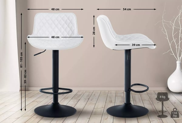 Sæt med 2 Minosa Barstole i kunstlæder, hvid, justerbar højde, 360° drejbar, metalfod