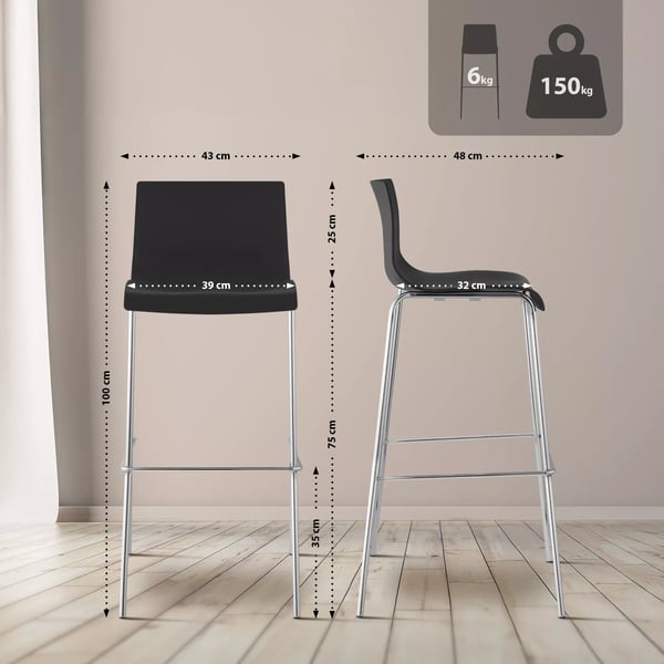 Hoover sort plastik barstol med metal 4-bens base og ryglæn