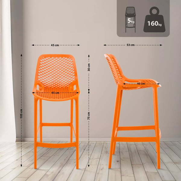 Sæt med 2 Air Udendørs Barstole - Orange Plast, Vejrbestandig, 160 kg Kapacitet