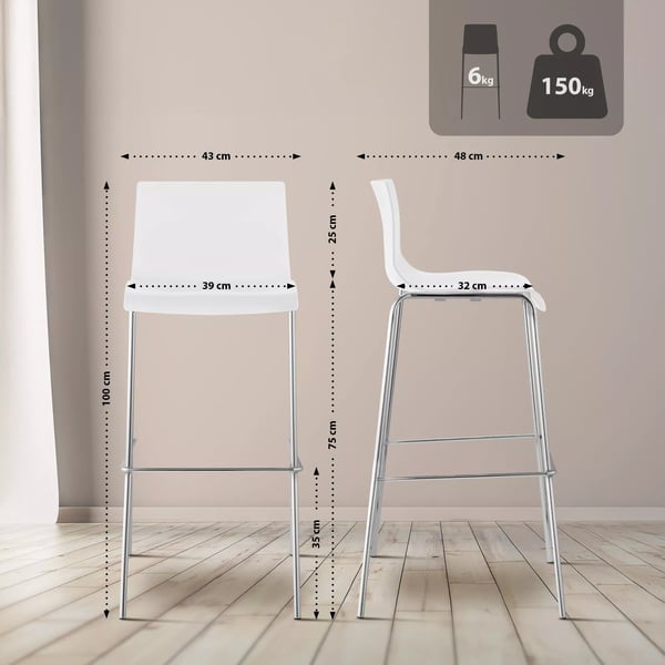 2 kpl baarituoleja Hoover, muovi, valkoinen istuin, metallirunko
